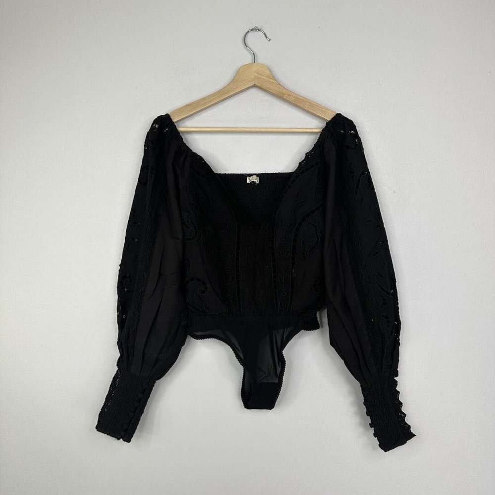 Free People Intimately Regina Eyelet Bodysuit Black XS Broderie Floral - Picture 1 of 11